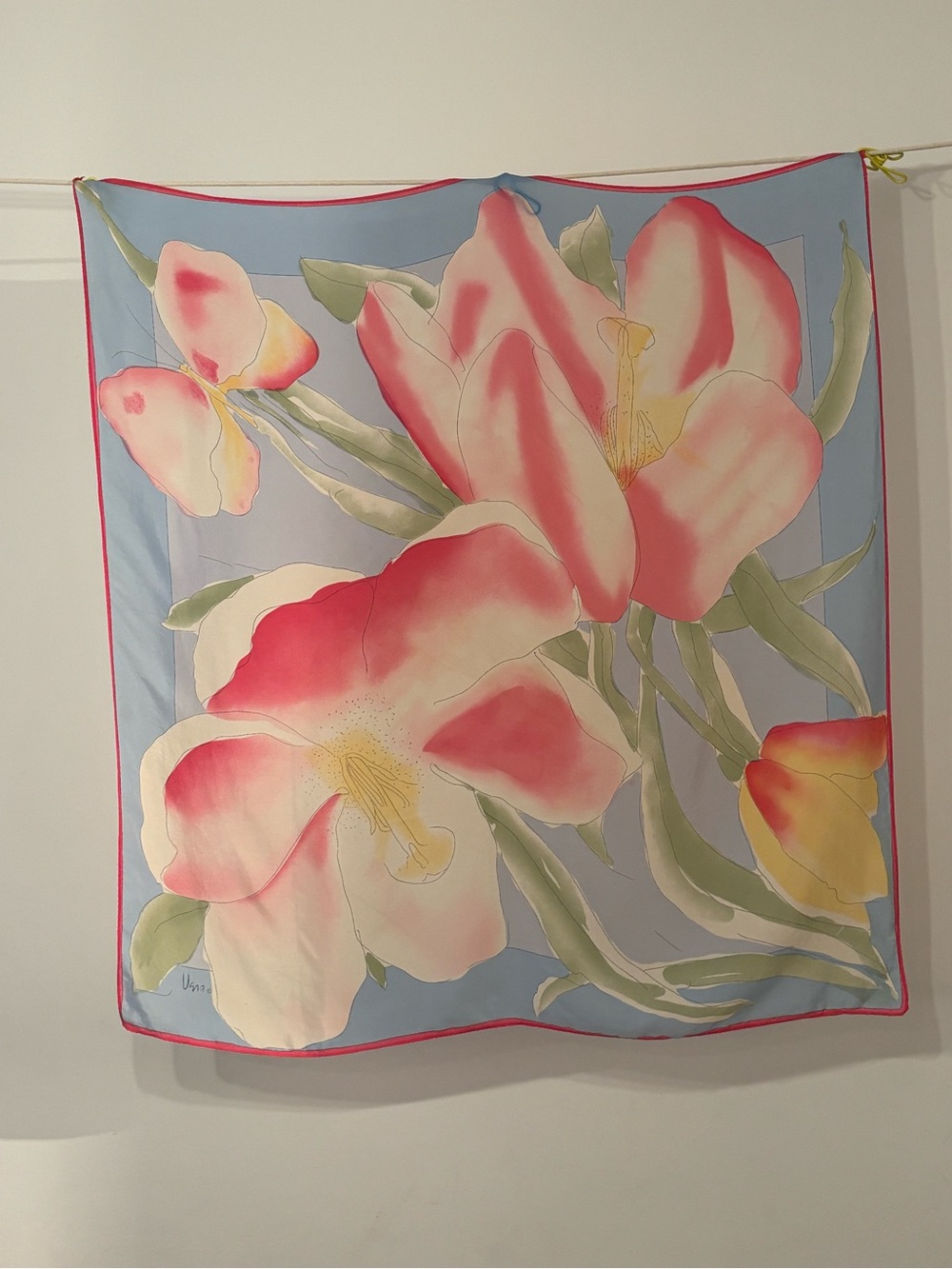 VTG Vera Neumann Silk Chiffon Floral Scarf Pink Tulips Butterfly